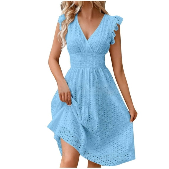 Summer Dresses for Women Party Outfit V Neck Ruffle Fly Sleeve Casual Eyelet Button Up Smocked Knee Length Dress (S, Sky Blue)
