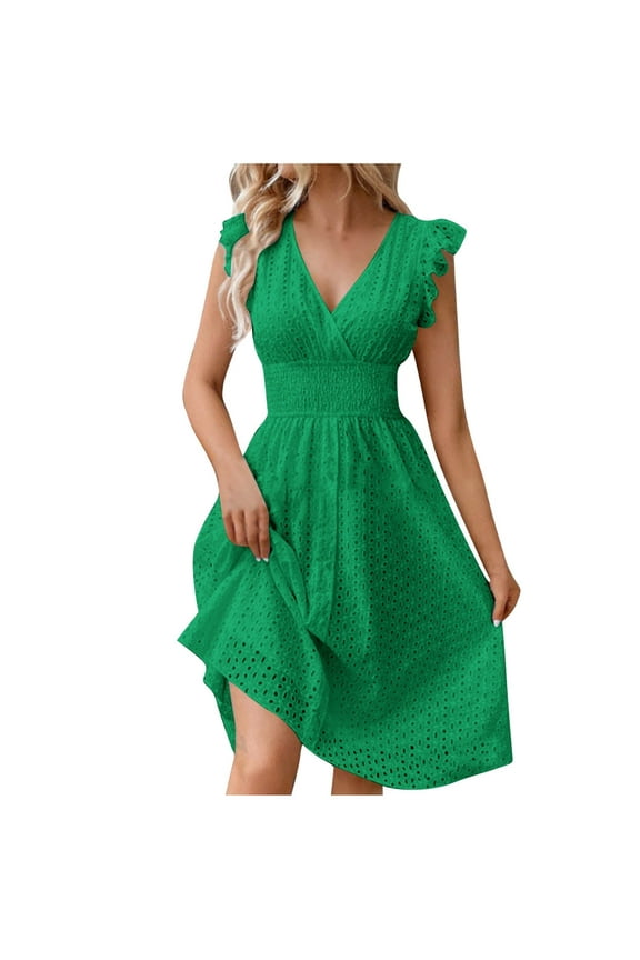 Summer Dresses for Women Party Outfit V Neck Ruffle Fly Sleeve Casual Eyelet Button Up Smocked Knee Length Dress (XXL, Green)