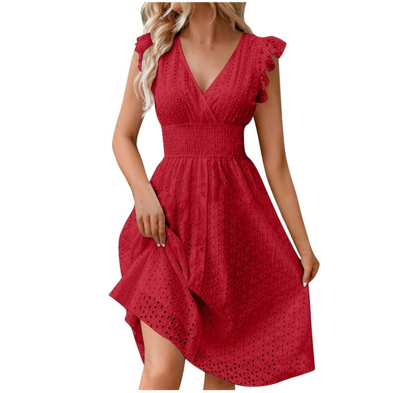 Summer Dresses for Women Party Outfit V Neck Ruffle Fly Sleeve Casual Eyelet Button Up Smocked Knee Length Dress XXL Red Walmart