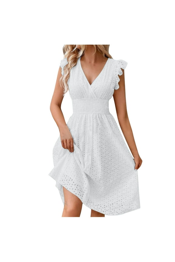 Summer Dresses for Women Party Outfit V Neck Ruffle Fly Sleeve Casual Eyelet Button Up Smocked Knee Length Dress (XXL, White)