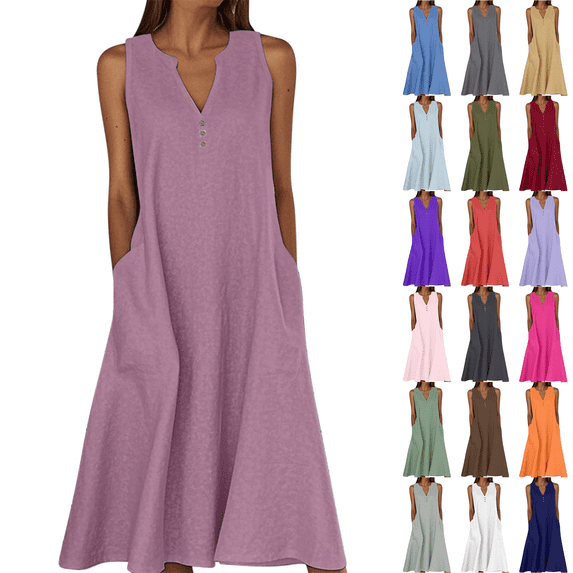 Summer Dresses for Women Plus Size Casual V Neck Sleeveless A Line Midi Tank Dress Beach Flowy Vacation Lounge Cotton Linen Sundress,Sizes S-5XL
