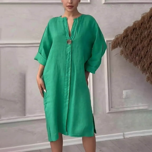 Summer Dresses for Women Plus Size Cotton-Like Button Short Sleeve Dress Loose Fit Casual Comfort Green XXL