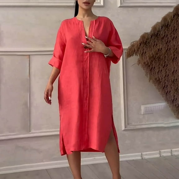 Summer Dresses for Women Plus Size Cotton-Like Button Short Sleeve Dress Loose Fit Casual Comfort Red XXL