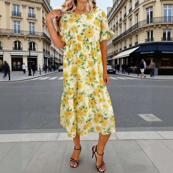 Summer Dresses for Women Plus Size Crewneck Ruffle Short Sleeve Floral Print Sundress Boho Casual Flowy Beach Holiday Party Flare Dress S-5XL