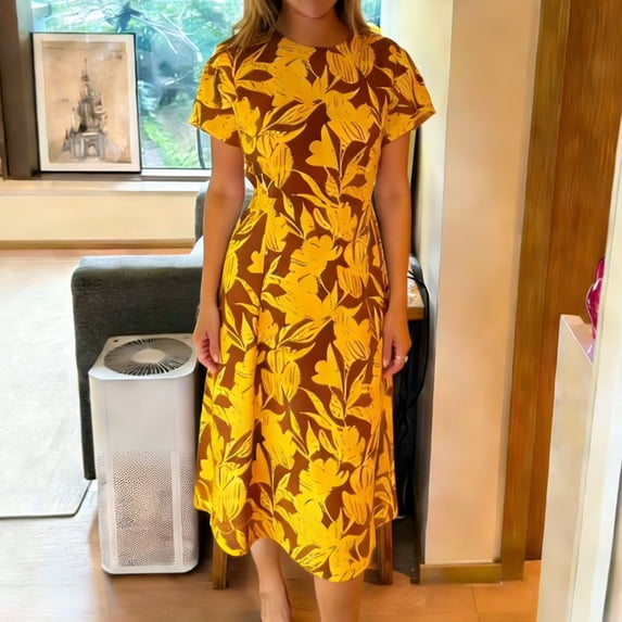 Summer Dresses for Women Plus Size Crewneck Short Sleeve Floral Print Midi T Shirt Dress Casual Flowy Beach Holiday Sundress S-3XL