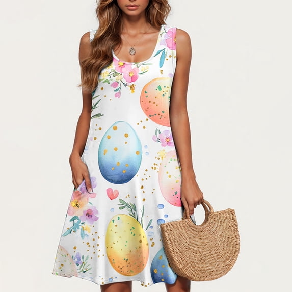 Summer Dresses for Women Plus Size Easter Ladies Casual Plus-size Sleeveless Crew Neck Short Dress Light Blue M