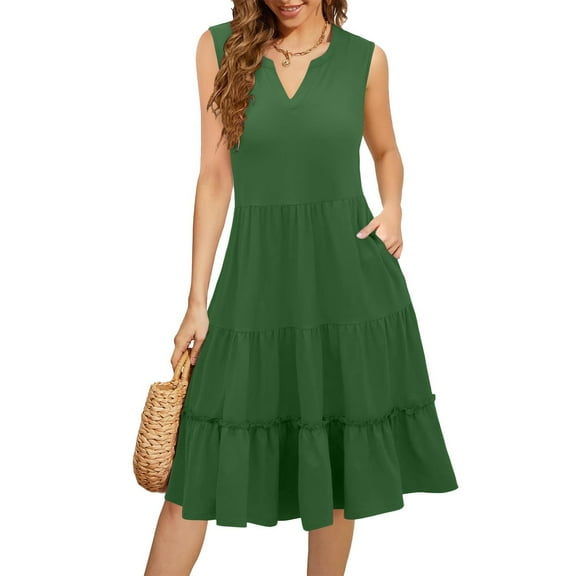 Summer Dresses for Women Plus Size, Fashion Women's Solid Sexy V-Neck Sleeveless Dresses Casual Pockets Comfortable All Occasion(Green,XL)