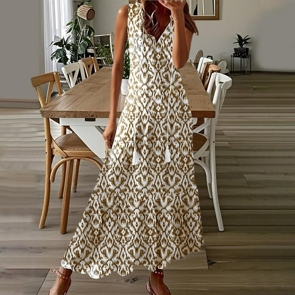 Summer Dresses for Women Plus Size, Fashionable Women's Casual Spring/summer Sleeveless Printed Dress(Khaki,L)