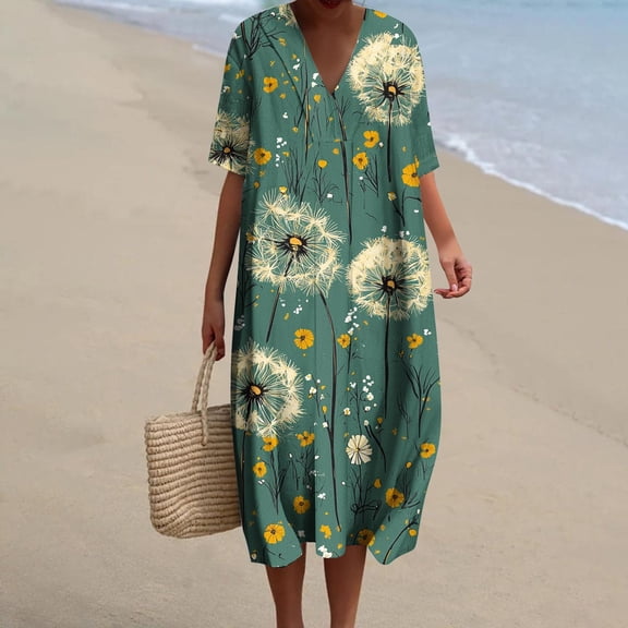 Summer Dresses for Women Plus Size Floral Print Short Sleeve V Neck Loose Midi Dress for Summer Vacation Beach Daily Casual Dress
