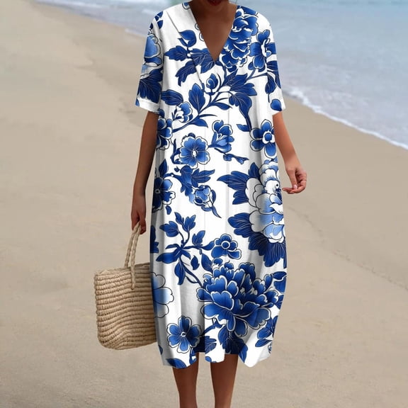 Summer Dresses for Women Plus Size Floral Print Short Sleeve V Neck Loose Midi Dress for Summer Vacation Beach Daily Casual Dress