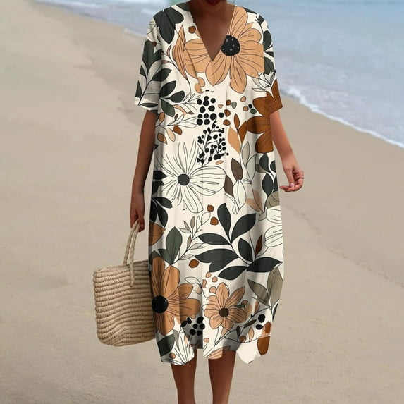 Summer Dresses for Women Plus Size Floral Print Short Sleeve V Neck Loose Midi Dress for Summer Vacation Beach Daily Casual Dress