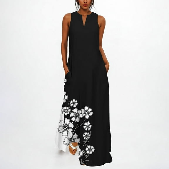 Summer Dresses for Women Plus Size Print Sleeveless V-Neck Dress Comfortable Vacation Dress Black XXL