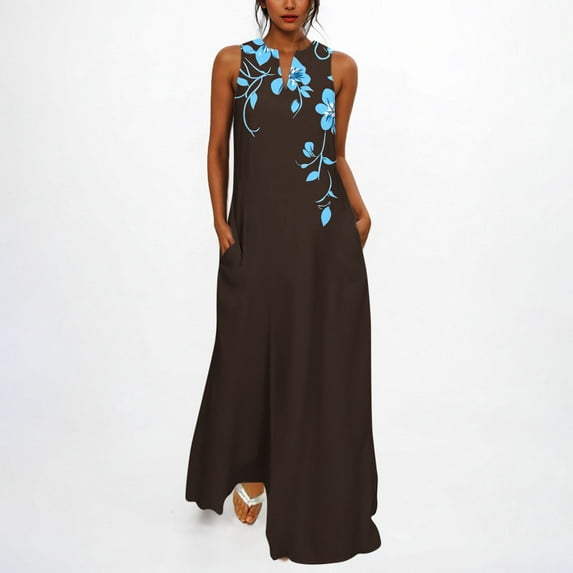 Summer Dresses for Women Plus Size Print Sleeveless V-Neck Dress Flowy Beach Vacation Outfit Black XXL