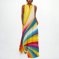 Summer Dresses for Women Plus Size Print Sleeveless V-Neck Dress Relaxed Fit Vacation Outfit Multicolor XXL