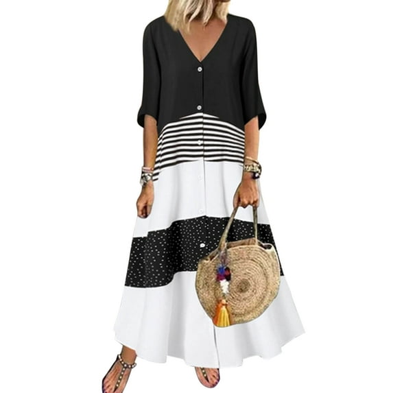 Summer Dresses for Women Plus Size V Neck Half Sleeve Patchwork Fashion Beach Wear Daily Party Maxi Dress Casual Sundresses Alsol Lamesa