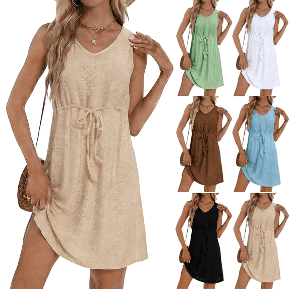 Summer Dresses for Women Plus Size V Neck Sleeveless Hollow Out Textured Sundresses Flowy Beach Vacation Casual Dress S-5XL