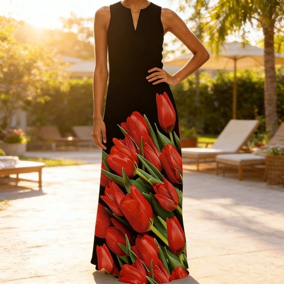 Summer Dresses for Women Plus Size V Neck Sleeveless Maxi Sundress Flowy Floral Wedding Guest Beach Party Tank Dress