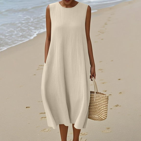 Summer Dresses for Women Plus Size, Women's Solid Sleeveless Round Neck Cotton And Linen Pocket Wrap Maxi Dress(Khaki,XL)