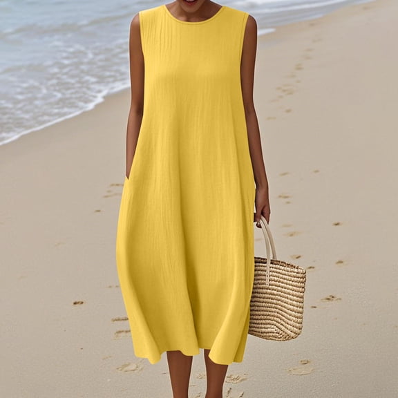 Summer Dresses for Women Plus Size, Women's Solid Sleeveless Round Neck Cotton And Linen Pocket Wrap Maxi Dress(Yellow,XL)