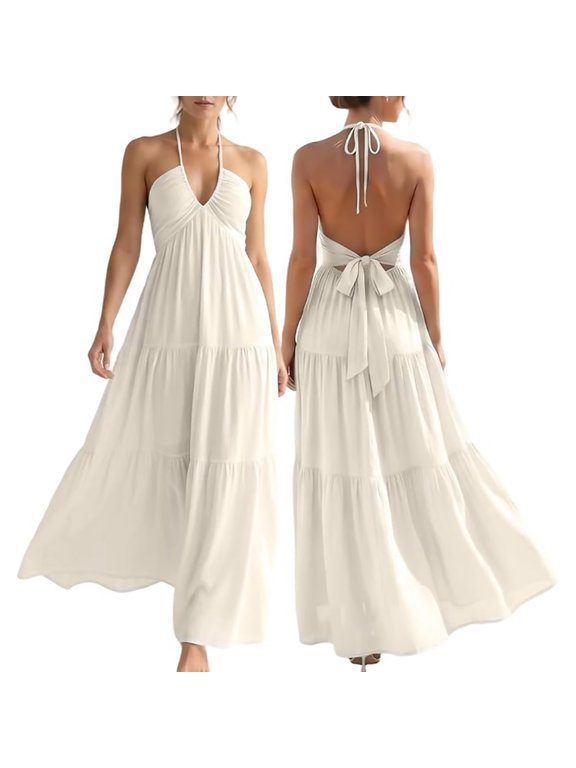 Summer Dresses for Women Polyester Long - Maxi Dress & Halter Maxi Dresses for Women for Vacation Beach & Party (Creamy, M)