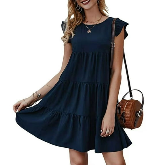 Summer Dresses for Women Printed Ruched Dress Short Sleeve Cake Swing Dress