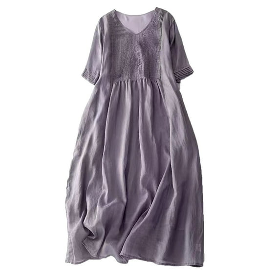 Summer Dresses for Women Retro V Neck Short Sleeve Sundress Solid Casual Loose Flowy Beach Holiday Long Maxi Dress