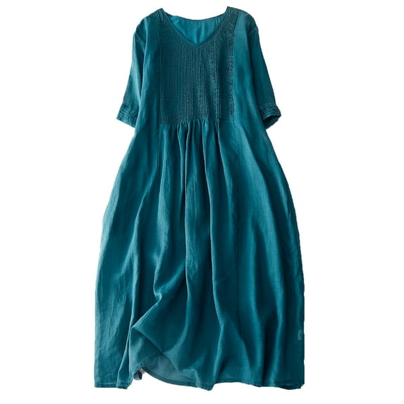 Summer Dresses for Women Retro V Neck Short Sleeve Sundress Solid Casual Loose Flowy Beach Holiday Long Maxi Dress