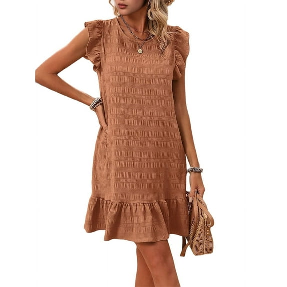 Summer Dresses for Women Round Neck Cap Sleeve Ruffle Hem Casual Smock Mini Dress Caramel Color XL