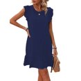 thumbnail image 1 of Summer Dresses for Women Round Neck Cap Sleeve Ruffle Hem Casual Smock Mini Dress Dark Blue S, 1 of 7