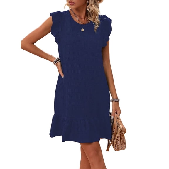 Summer Dresses for Women Round Neck Cap Sleeve Ruffle Hem Casual Smock Mini Dress Dark Blue XL