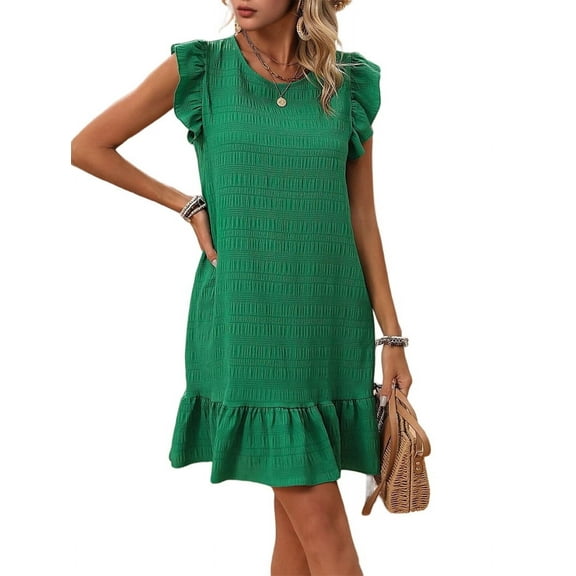 Summer Dresses for Women Round Neck Cap Sleeve Ruffle Hem Casual Smock Mini Dress Green M