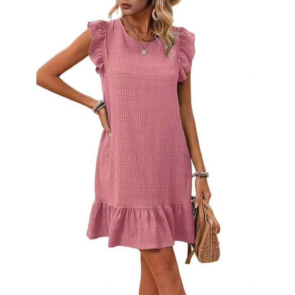 Summer Dresses for Women Round Neck Cap Sleeve Ruffle Hem Casual Smock Mini Dress Pink S