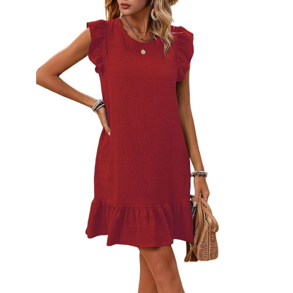 Summer Dresses for Women Round Neck Cap Sleeve Ruffle Hem Casual Smock Mini Dress Red M