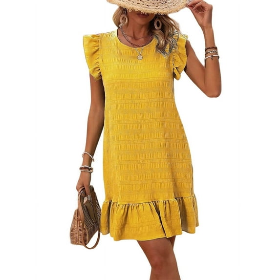 Summer Dresses for Women Round Neck Cap Sleeve Ruffle Hem Casual Smock Mini Dress Yellow M