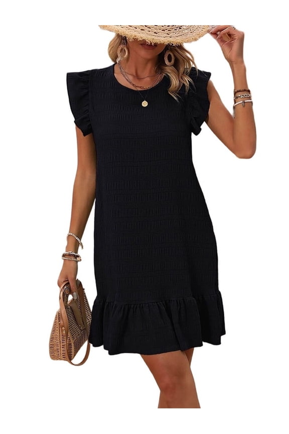 Summer Dresses for Women Round Neck Cap Sleeve Ruffle Hem Casual Smock Mini Dress