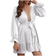 thumbnail image 1 of Summer Dresses for Women Ruffle Long Sleeve Belted Mini Short Dress Lace Trim V Neck Solid Pleated Flowy Swing Sundress, 1 of 3