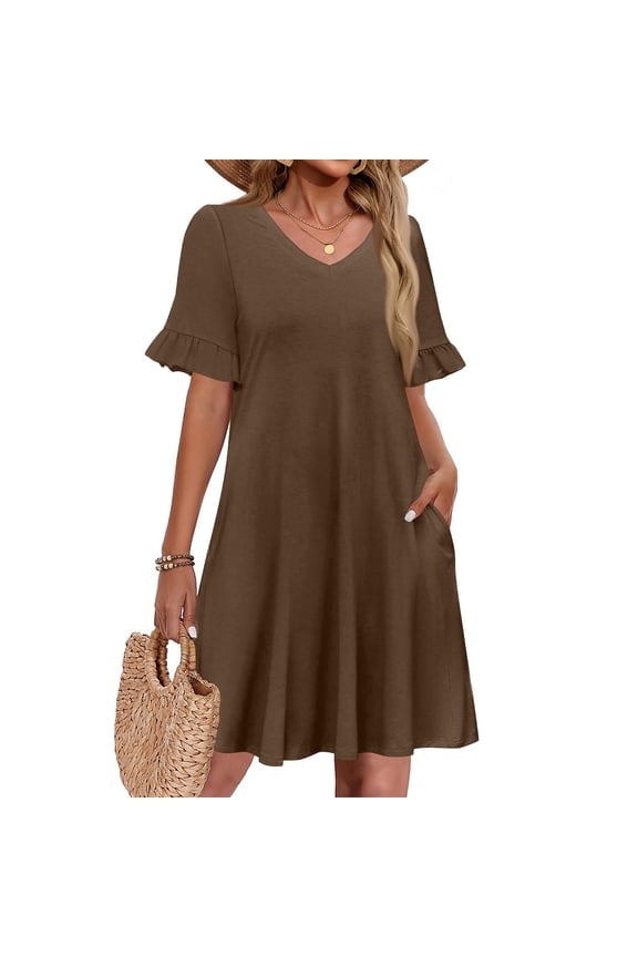 Summer Dresses for Women Ruffle Short Sleeve V Neck Casual Shift Dress with Pockets Coffee XL