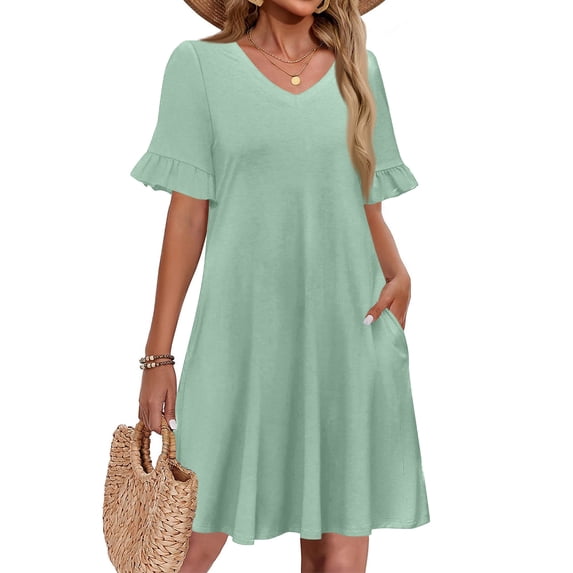 Summer Dresses for Women Ruffle Short Sleeve V Neck Casual Shift Dress with Pockets Mint Green XL