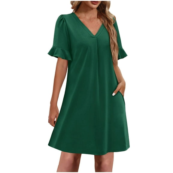 Summer Dresses for Women Ruffle Short Sleeve V Neck Dress with Pocket Loose Fitted Beach Vacation Sundress