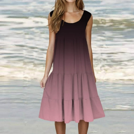 Summer Dresses for Women Sawvnm Womens Fashion Holiday Summer Round Neck Gradient Print Sleeveless Party Beach Dress Clearance Clothes under $5.00