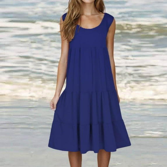 Summer Dresses for Women Sawvnm Womens Fashion Holiday Summer Solid Color Sleeveless Party Beach Dress Clearance Clothes under $5.00