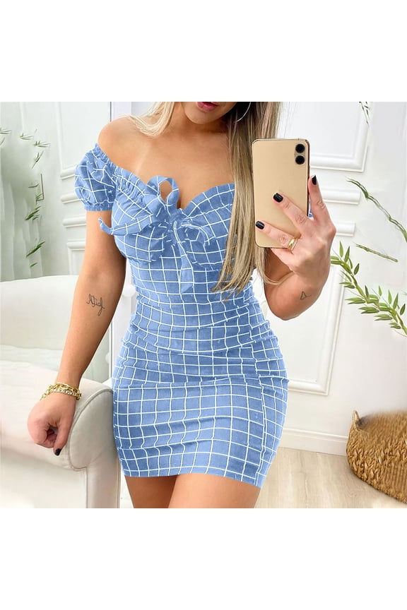 Summer Dresses for Women Short Sleeve Buttocks Shoulder Plaid Casual Dress
