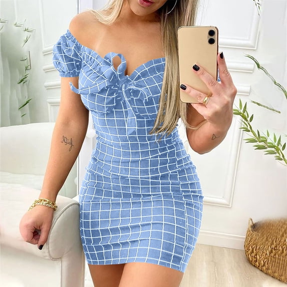 Summer Dresses for Women Short Sleeve Buttocks Shoulder Plaid Casual Dress