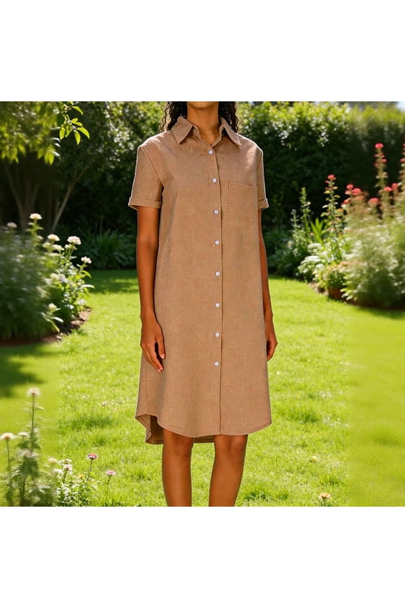 Summer Dresses for Women Short Sleeve Button Down Linen Shirt Solid Color Oversized Beach Everyday Casual Dress Size S-2XL