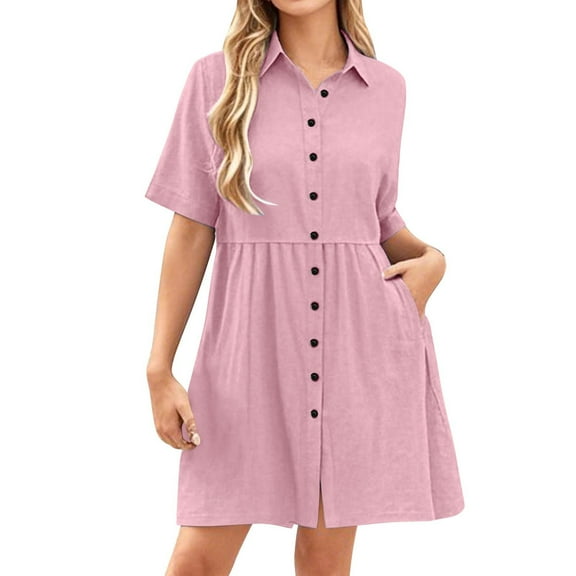 Summer Dresses for Women Short Sleeve Casual V Neck Fashion Lapel Dresses With Pockets