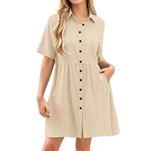 Summer Dresses for Women Short Sleeve Casual V Neck Fashion Lapel Dresses With Pockets