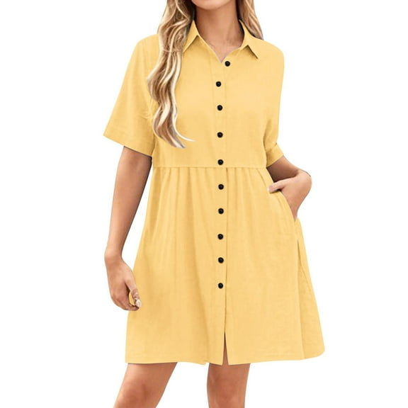 Summer Dresses for Women Short Sleeve Casual V Neck Fashion Lapel Dresses With Pockets