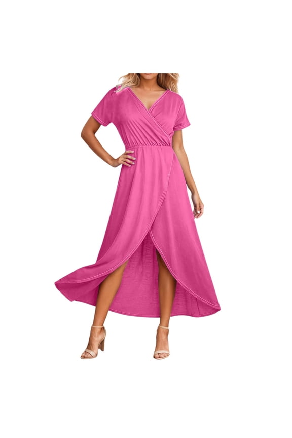 Summer Dresses for Women Short Sleeve Midi Wrap Dresses Casual Formal Dress Fashion Flowy Split Loose Beach Boho Dress Hot Pink, Size XXL