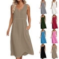 thumbnail image 1 of Summer Dresses for Women Short Sleeve Pleated V Neck Dress A Line Casual Tunic Dresses with Pockets Khaki XXL, 1 of 5