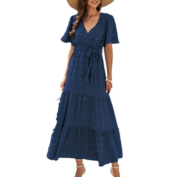 Summer Dresses for Women Short Sleeve Womens Dresses Solid Color Boho Polka Dot Midi Dress Alsol Lamesa